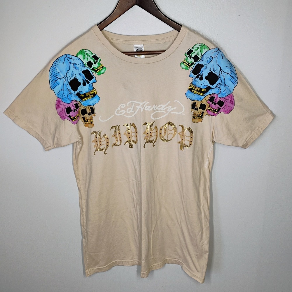 Vtg Ed Hardy Graphic Music Skulls Tee Shirt Beige Mens Large Hip Hop Streetwear